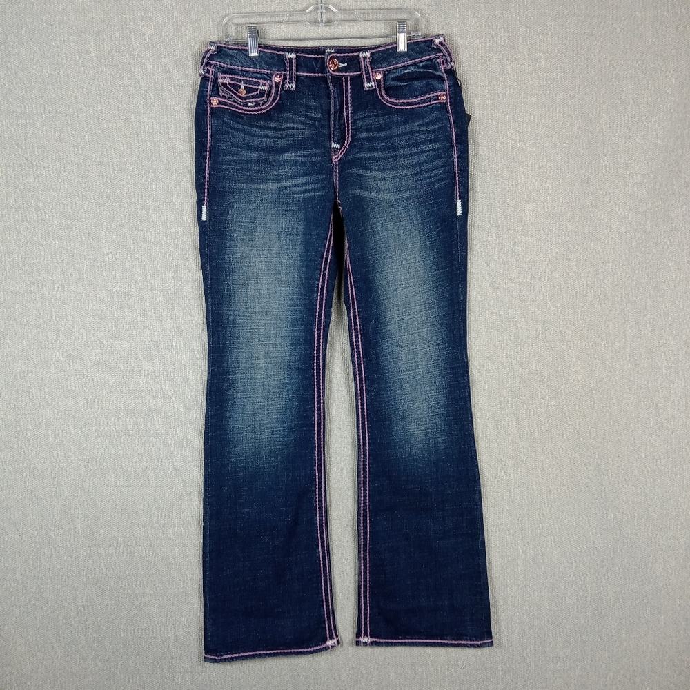 True Religion Becca Bootcut Jeans Womens 30 Blue Pink Flap Rope Stitch Mid Rise